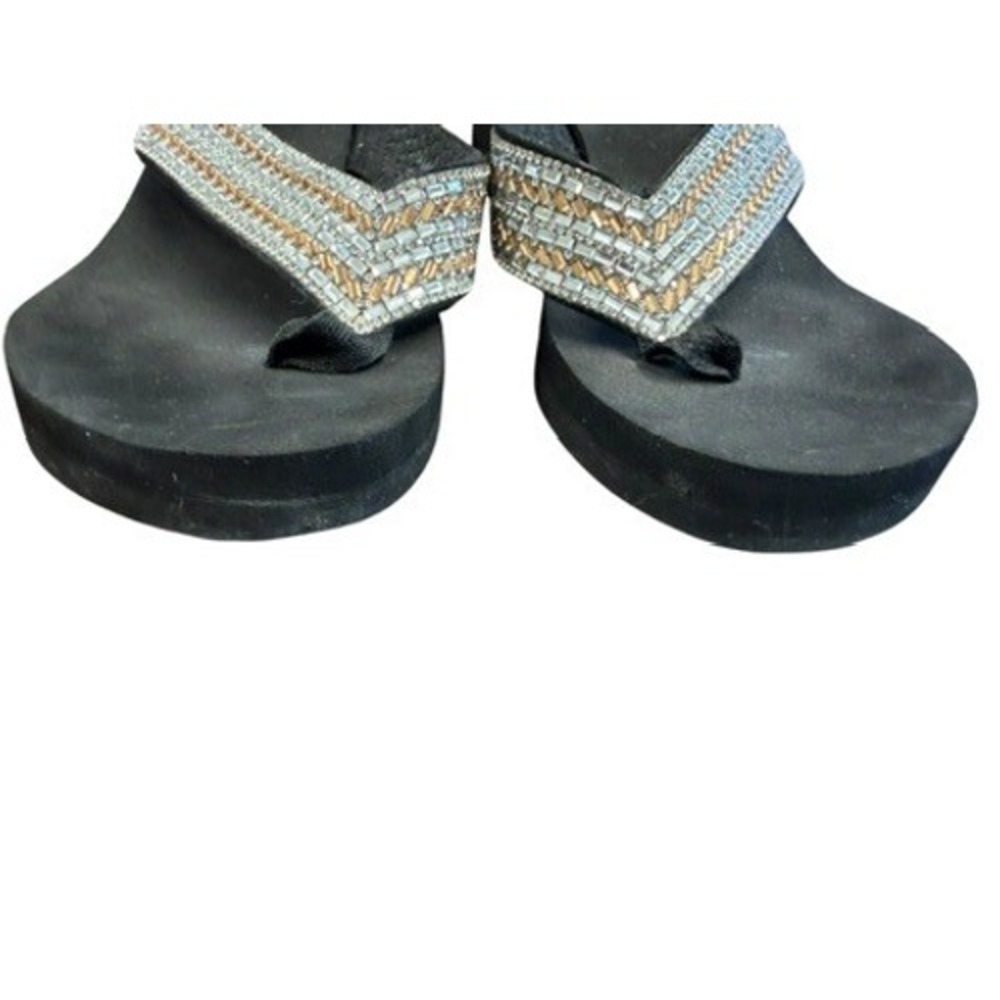 Corkys Womens Black Rhinestone Embellished Wedge Platform Flip Flops SZ 6